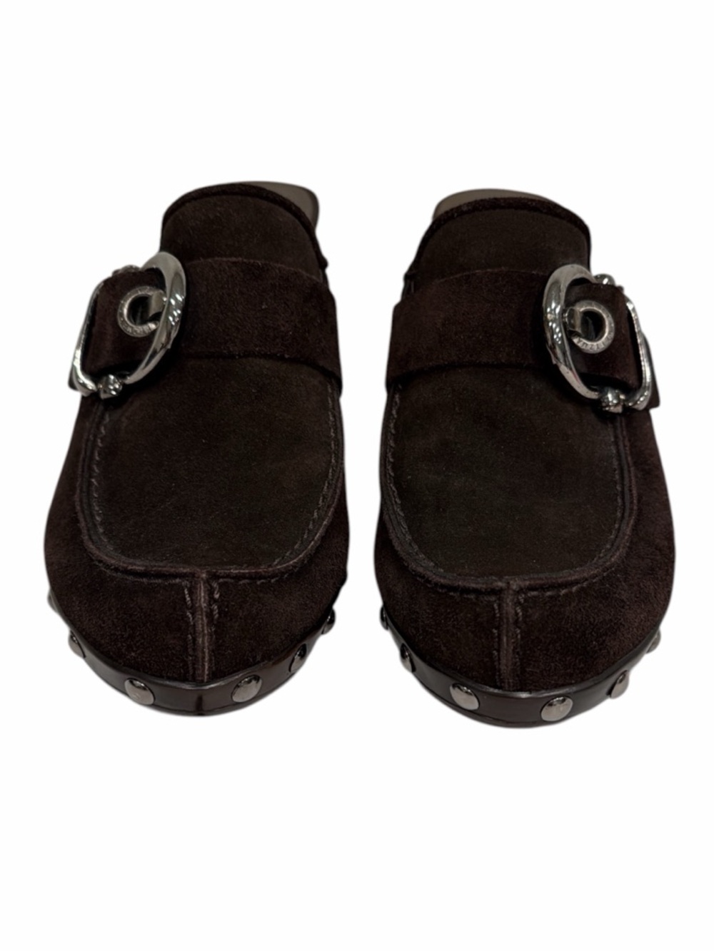Stuart Weitzman Brown Suede Mule Heels 8 Silver Buckle Clog Slip On 3” Heel - Picture 3 of 9